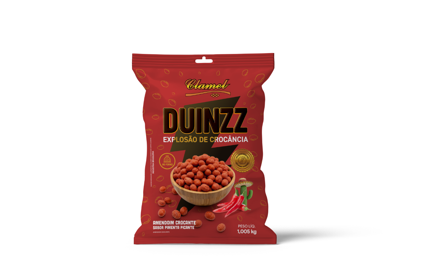 Embalagem Duinzz sabor Pimenta Picante, amendoim crocante da Clamel